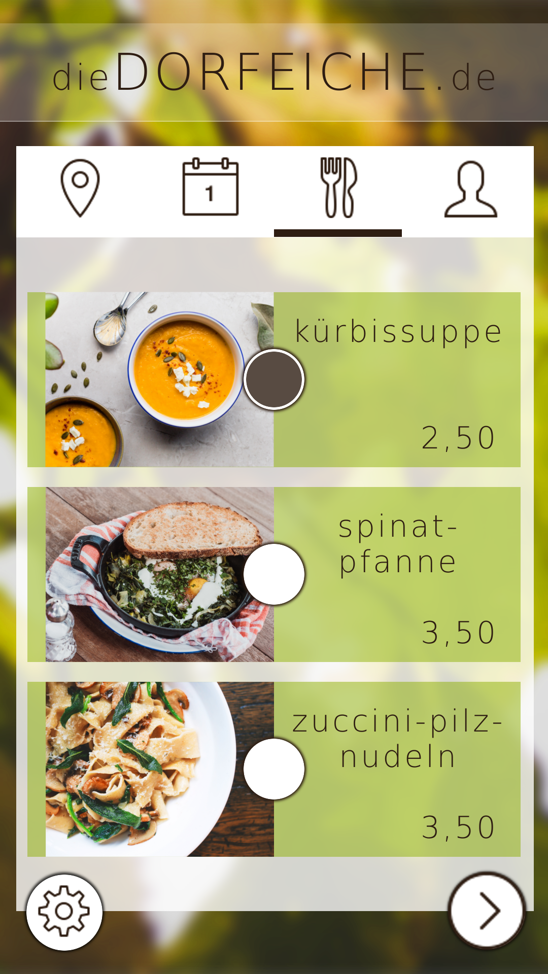 Bildschirmaufnahme des grafischen Prototyps, auf der die Essensauswahl zu sehen ist.